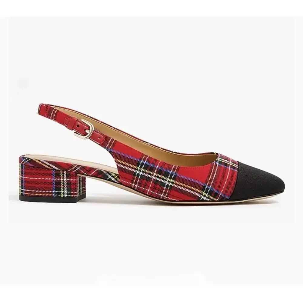 J.Crew Tartan Cap Toe Holiday Low-Heel Slingback Flat Red Black Plaid 8.5 M